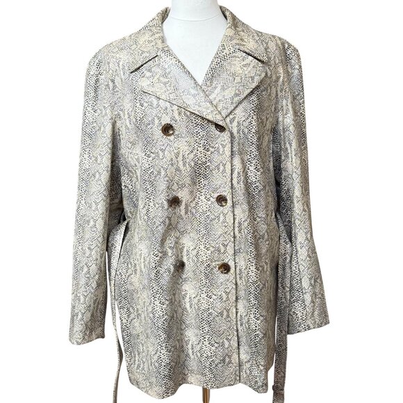 Gallery Womens Snakeskin Double Breasted Faux Leather Trench Belted Coat XL - Picture 2 of 15